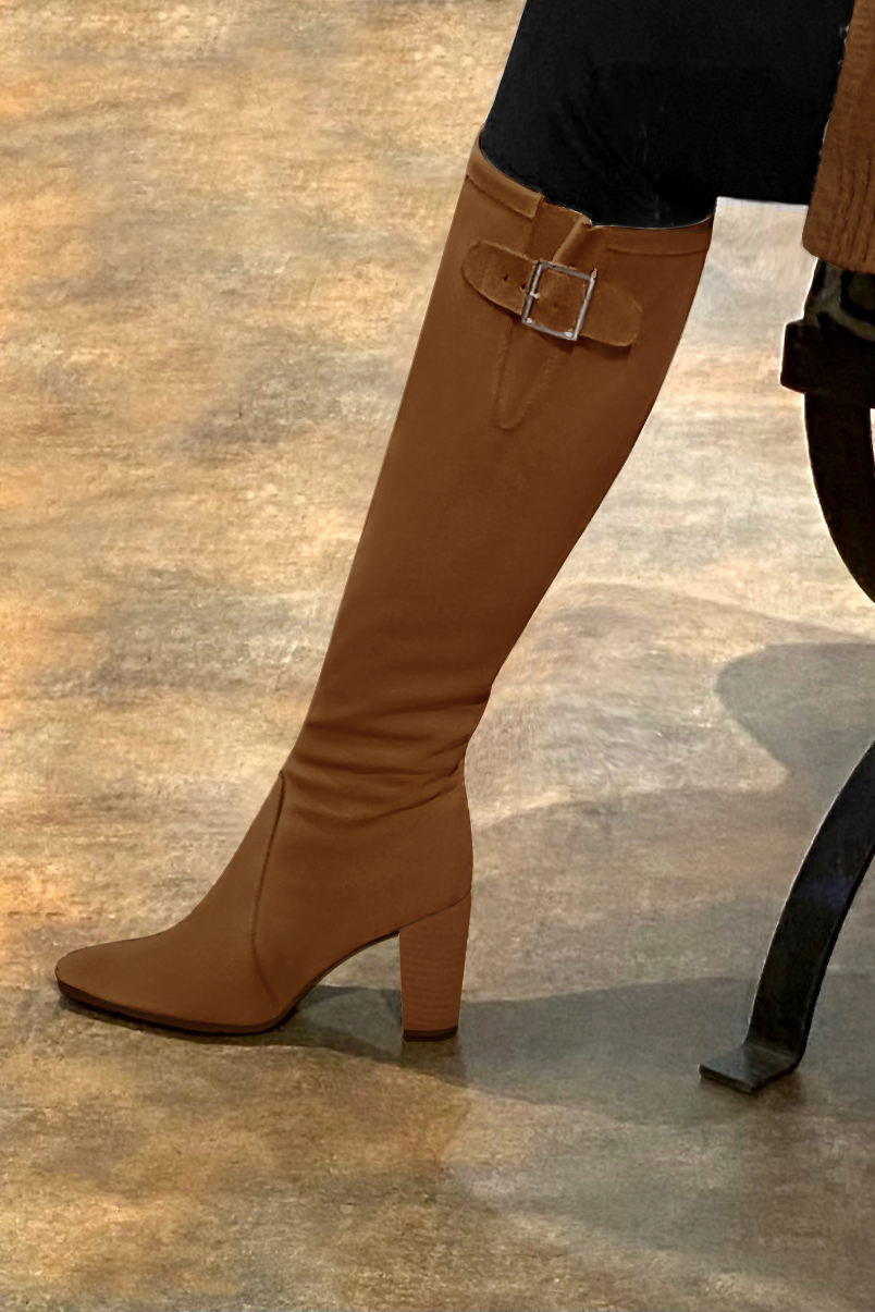 Caramel brown women's knee-high boots with buckles. Tapered toe. High block heels. Made to measure. Rear view - Florence KOOIJMAN